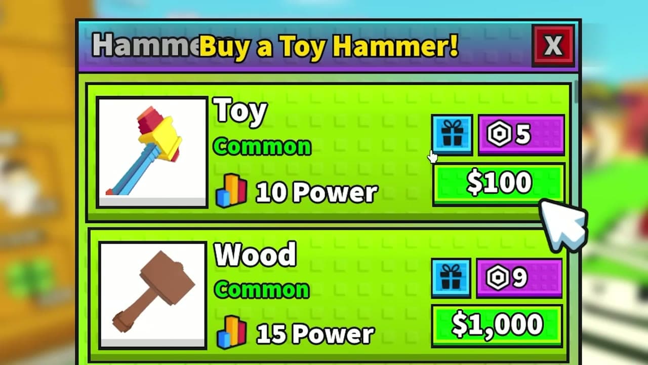 Gameplay shop showing Toy and Wood hammer power and prices
