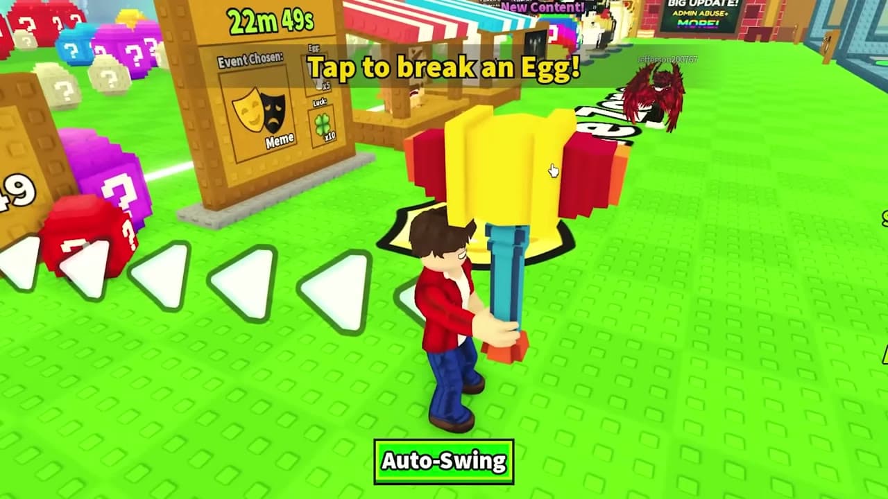 Gameplay showing the Toy hammer equipped beside the first egg prompt
